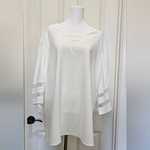 Chic White Sheer Sleeve Blouse with Strappy V-Neck